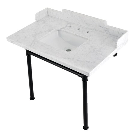 Kingston Brass 36 Carrara Marble Console Sink with Stainless Steel Legs, Marble WhiteMatte Black LMS3622M8SQ0ST